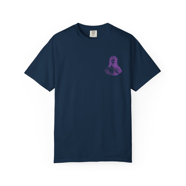 Purple Jumbo Jesus Back Print Tee with Purple Mini Jesus Front Left Graphic Tee - Iconic by Sandra Oles