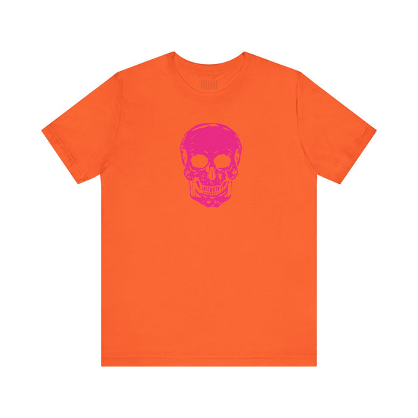 Orange unisex short sleeve tee with pink skull graphic on front by Sandra Oles