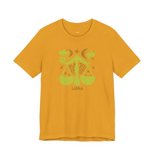 Yellow Libra t shirt with green artistic zodiac balance scales and celestial design on front