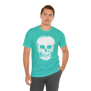 Man wearing teal Fugitive Tees white large bold skull graphic t-shirt with front skull print