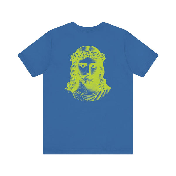 Blue unisex t-shirt with lime green jumbo Jesus back print portrait and mini Jesus front left graphic