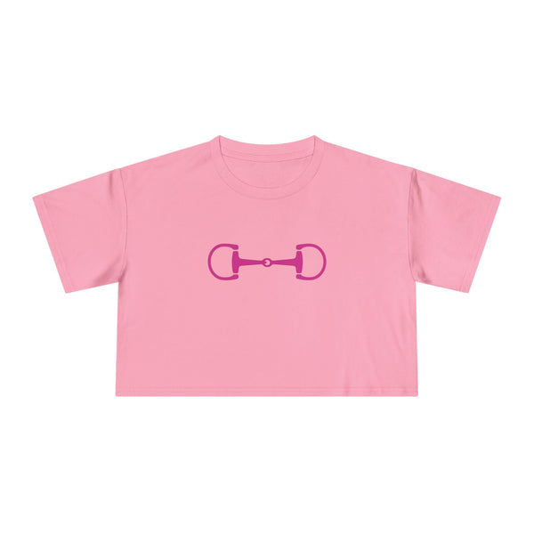 Pink cropped tee with bold pink horsebit graphic, modern equestrian style, breathable cotton, relaxed boxy fit.