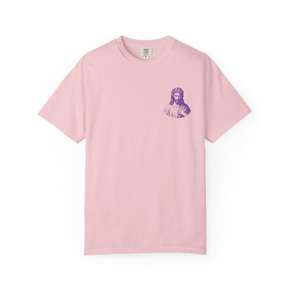Purple Jumbo Jesus Back Print Tee with Purple Mini Jesus Front Left Graphic Tee - Iconic by Sandra Oles