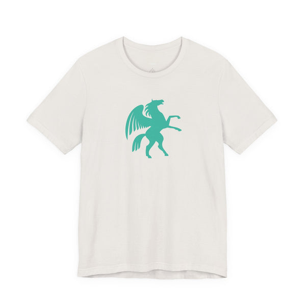 White unisex t-shirt with bright turquoise Pegasus graphic print, made from soft Airlume cotton cool graphic t shirts