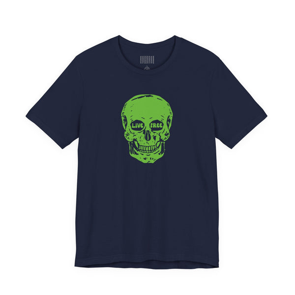 Navy T-shirt with bright green skull graphic and "Live Free" text on the skull's eyes, made of soft cotton with ribbed collar.