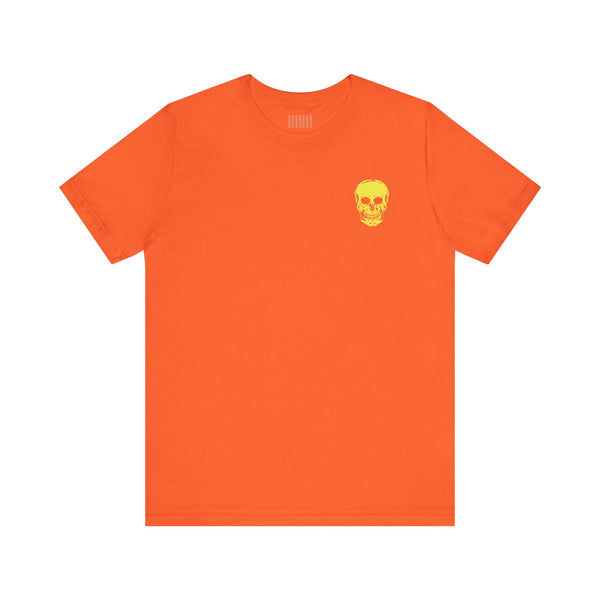Orange streetwear tee shirt with small yellow skull graphic on left chest, unisex cotton mini skull tee.