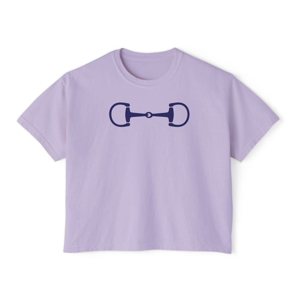 Lilac boxy fit t shirt with navy horsebit graphic on chest, made of soft cotton