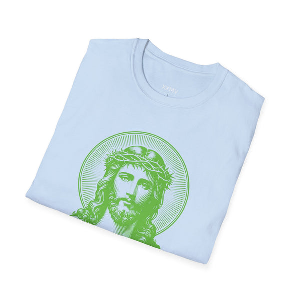 Folded light blue spiritual shirt with green Jesus halo front graphic print