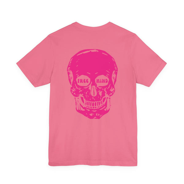 Pink graphic tee with large free mind skull print on back, bold statement streetwear design