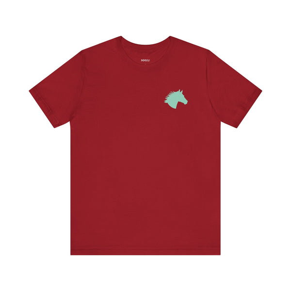 Red unisex t shirt with aqua horse head graphic print on front front