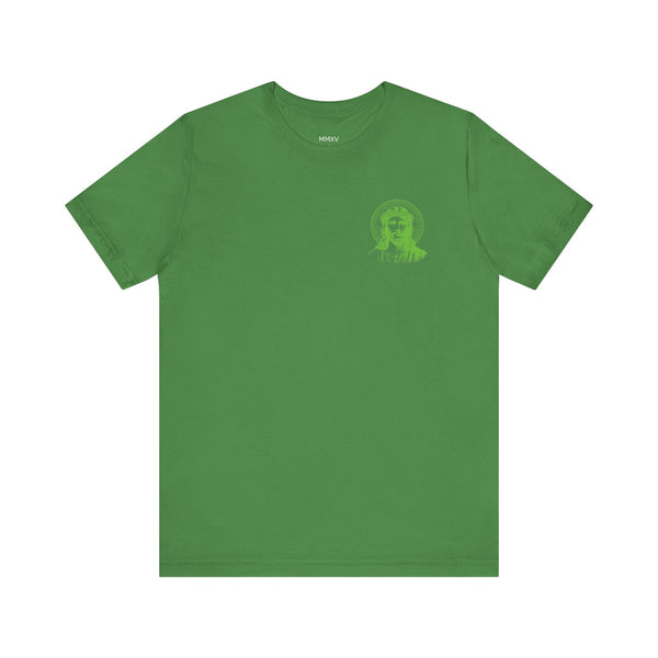 Green unisex short sleeve tee with mini Jesus graphic and halo printed on left chest.