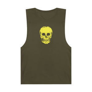 Olive green tank top with vibrant yellow skull graphic, raw sleeve edges, unisex fit, casual streetwear FUGITIVE TEES