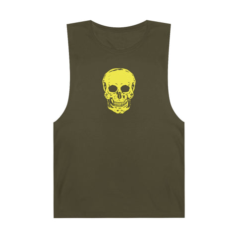 Olive green tank top with vibrant yellow skull graphic, raw sleeve edges, unisex fit, casual streetwear FUGITIVE TEES