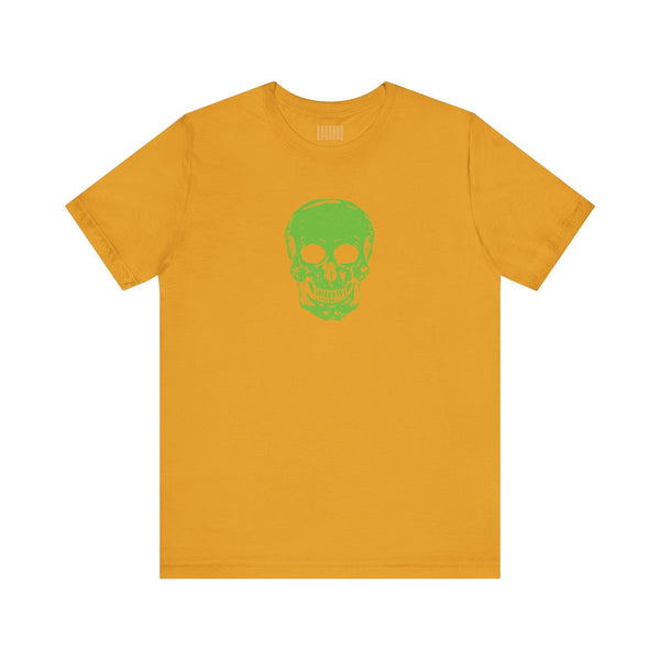 Mustard yellow t-shirt with bold green skull graphic on the front, made of soft cotton, streetwear style.