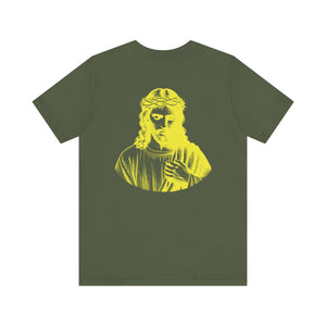 Olive green Christian streetwear tee with jumbo yellow Jesus graphic on back and mini Jesus print on front left chest