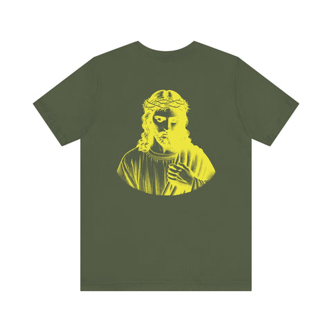 Olive green Christian streetwear tee with jumbo yellow Jesus graphic on back and mini Jesus print on front left chest