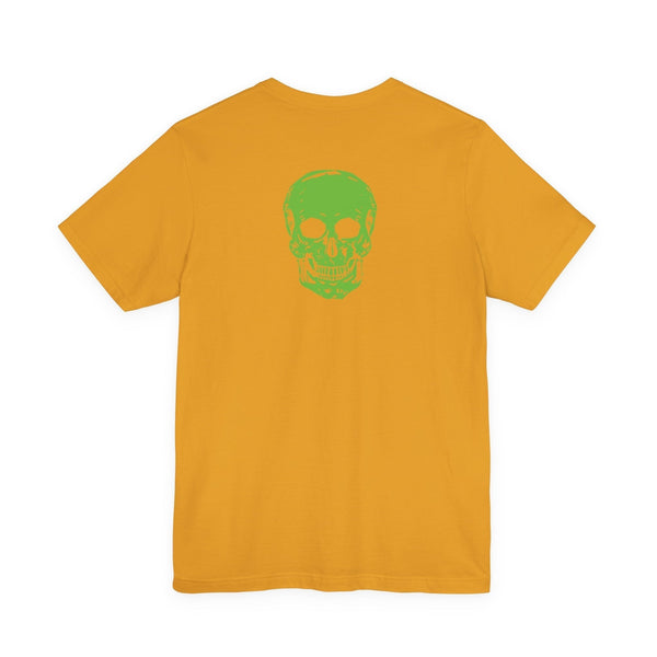 Yellow designer skull t-shirt with bold green skull print on the back, premium cotton streetwear tee.