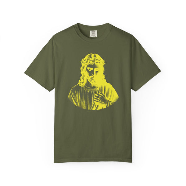 Olive green religious graphic tee with yellow Jesus Crown of Thorns print, unisex cotton shirt by Sandra Oles