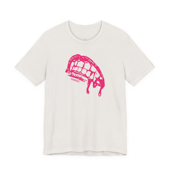 Pink vampire fang graphic t-shirt made of lightweight cotton with a classic crew neckline, perfect gothic fashion vampire t shirt.