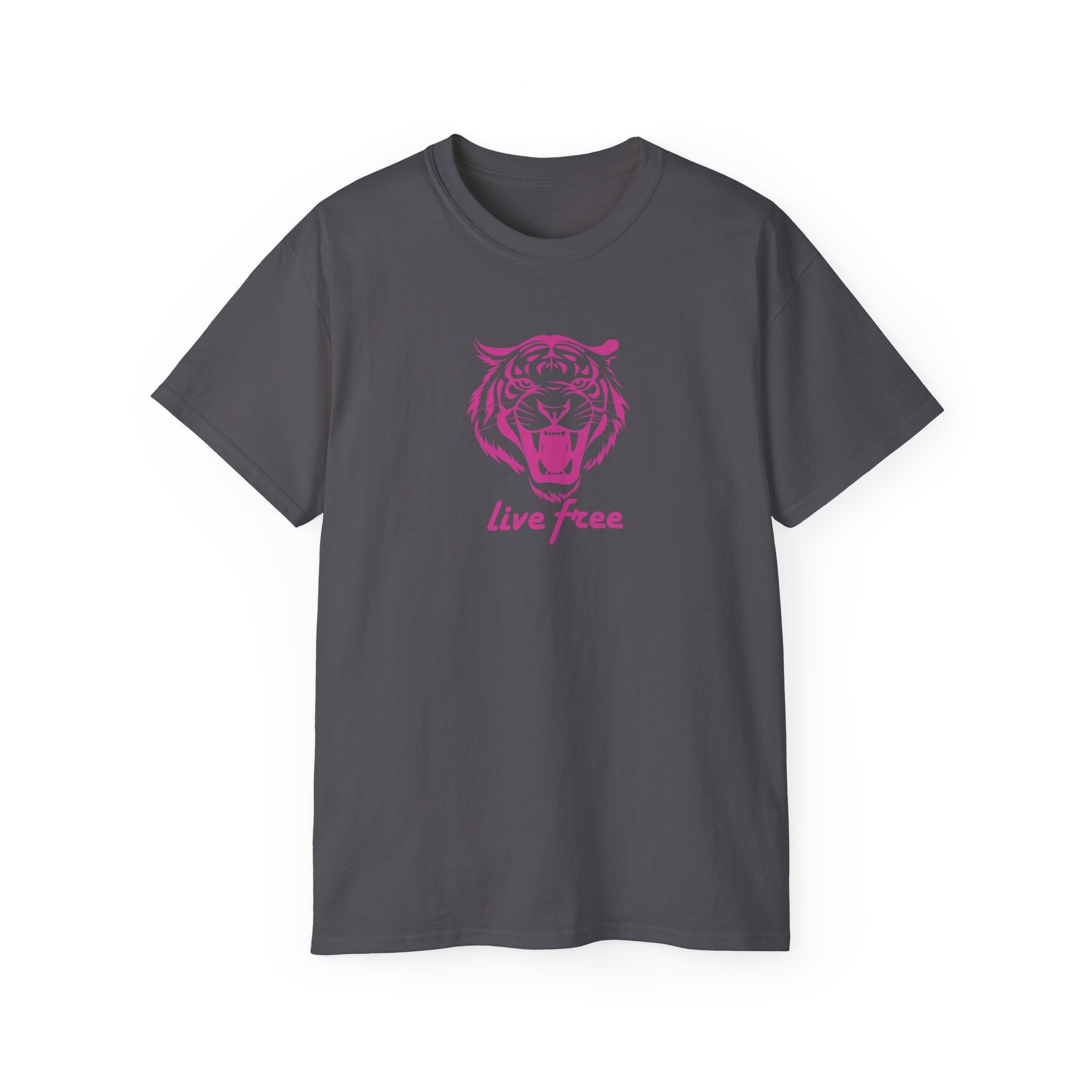 gray statement tee with pink roaring tiger head graphic and live free slogan vintage style statement tees