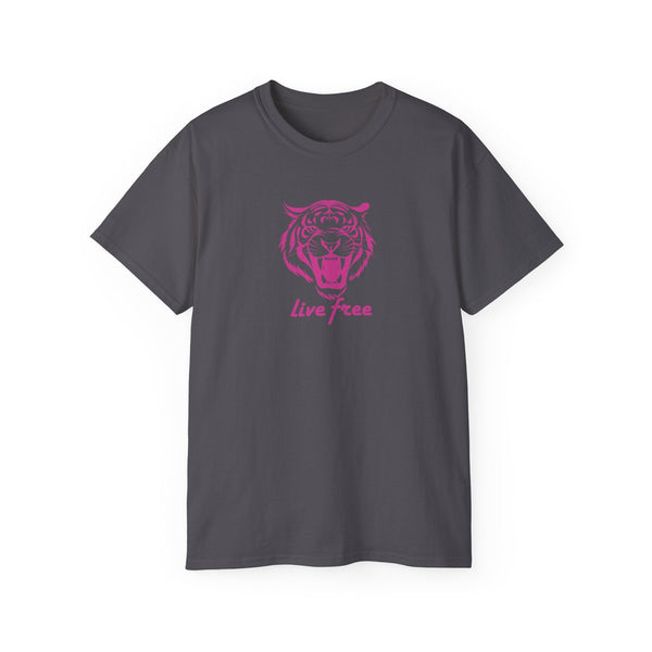 gray statement tee with pink roaring tiger head graphic and live free slogan vintage style statement tees