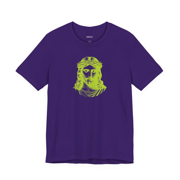 Purple Christian graphic tee with lime green Jesus face print on front