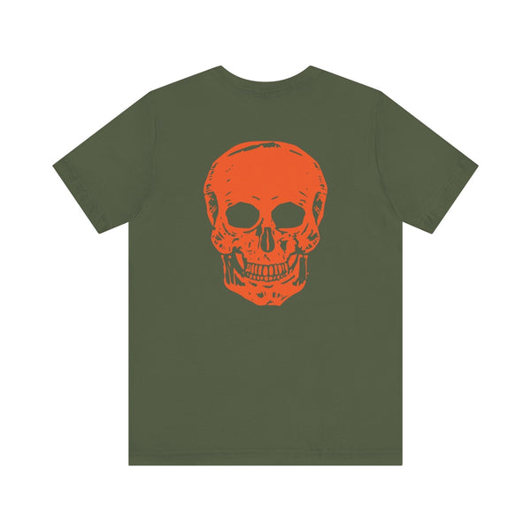 Orange Jumbo Skull Back Print featuring a Mini Orange Skull left Front Graphic Tee