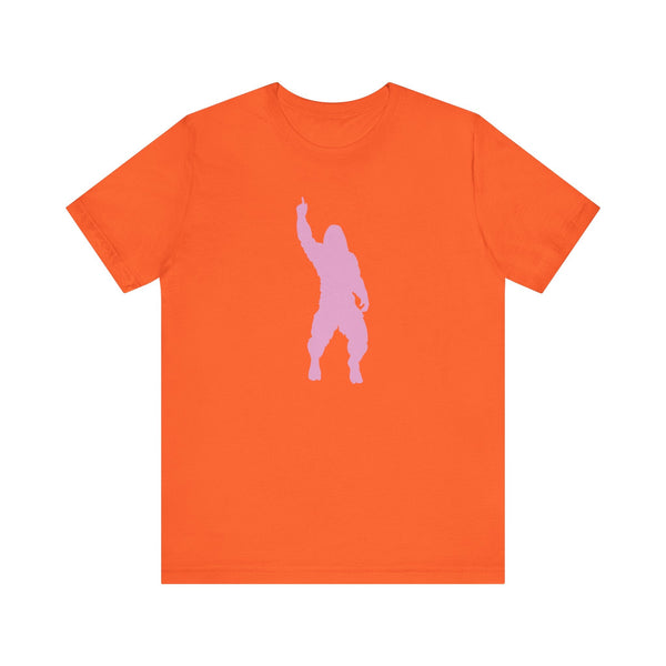 Orange bigfoot t shirt with a pink Sasquatch graphic mid-strut hand raised, unisex cotton tee for mythical creature fans