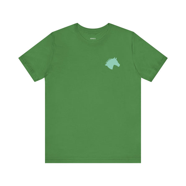 green t shirt with aqua mini horse head front print graphic design