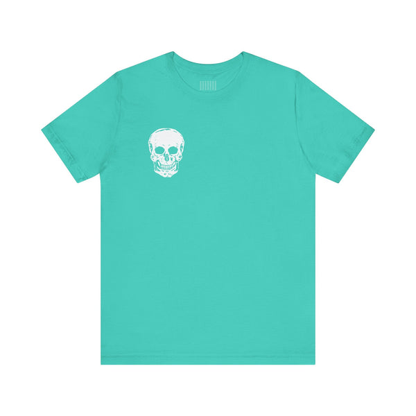 Turquoise skull graphic tee with mini white skull print on front left chest, made of soft premium cotton.