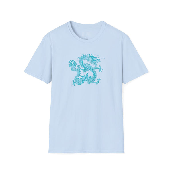Light blue unisex t-shirt with turquoise dragon graphic design in center front