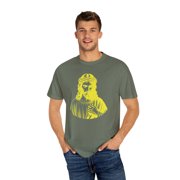 Man wearing yellow Jesus crown of thorns religious graphic tee on olive green shirt