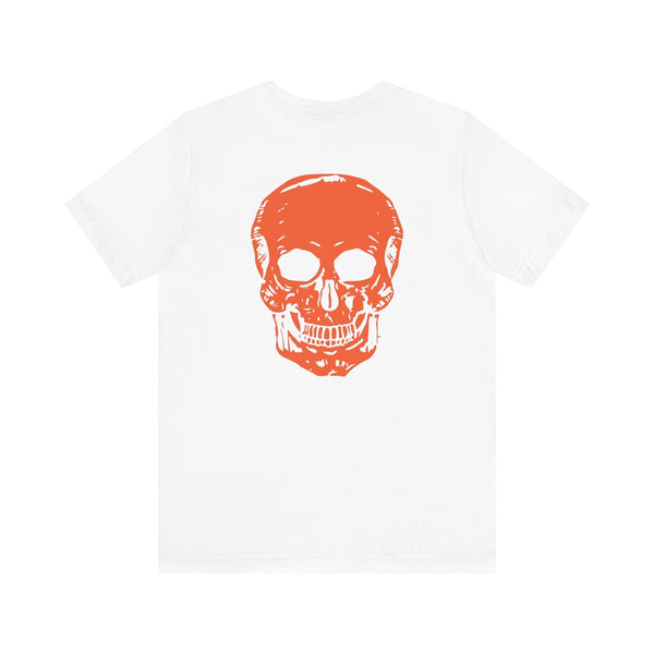 Orange Jumbo Skull Back Print featuring a Mini Orange Skull left Front Graphic Tee