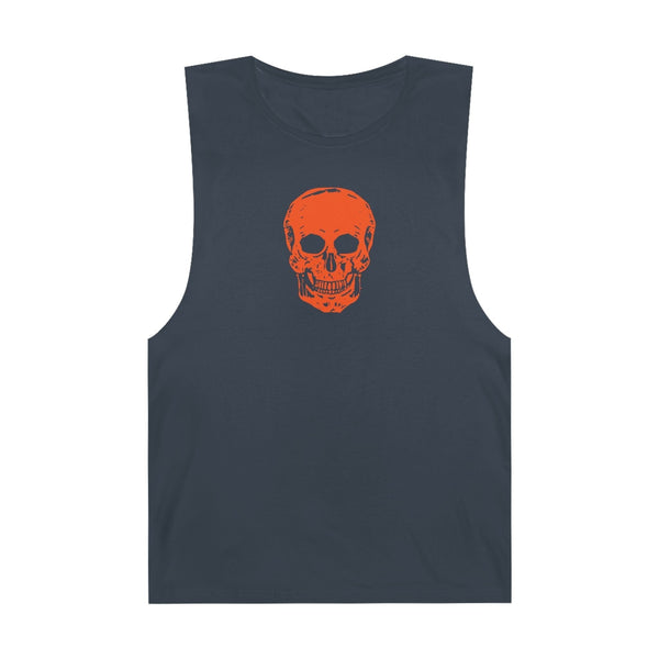 Black grunge tank top with bold orange skull graphic and raw sleeveless edges