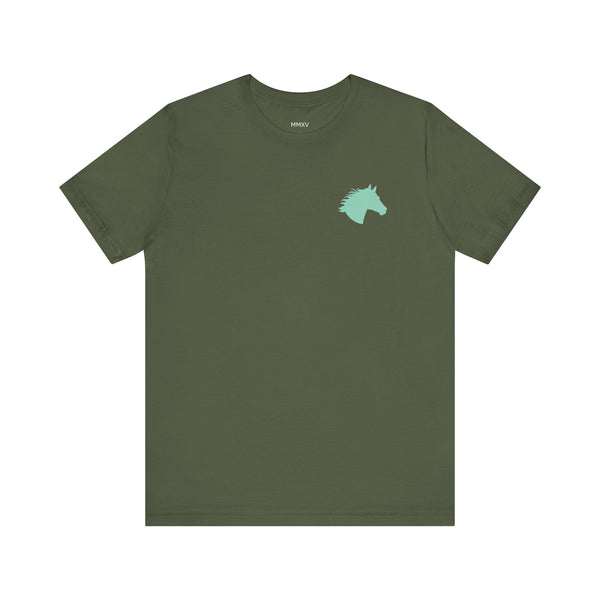 olive green unisex t shirt with aqua horse head graphic front print heritage design by Sandra Oles