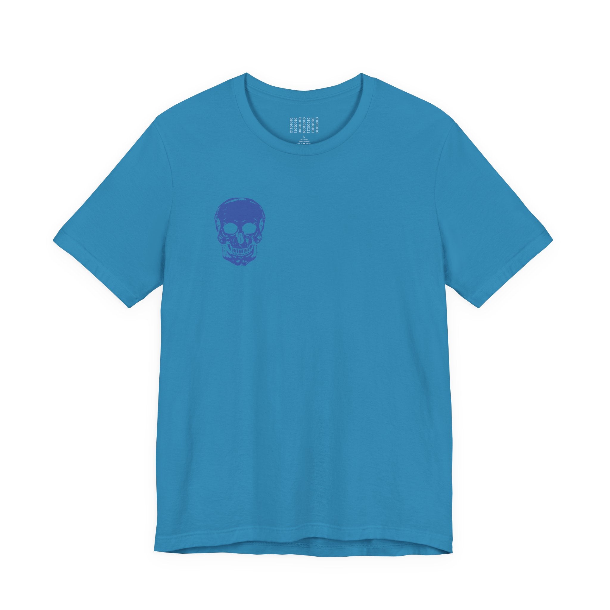 Blue graphic tee shirts with small skull print on front and jumbo skull design on back