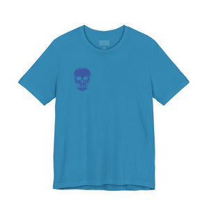 Blue graphic tee shirts with small skull print on front and jumbo skull design on back