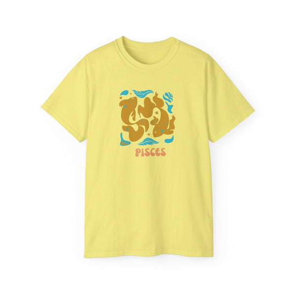 Yellow Pisces zodiac t shirt with artistic fish graphic and "Pisces" text in soft cotton fabric