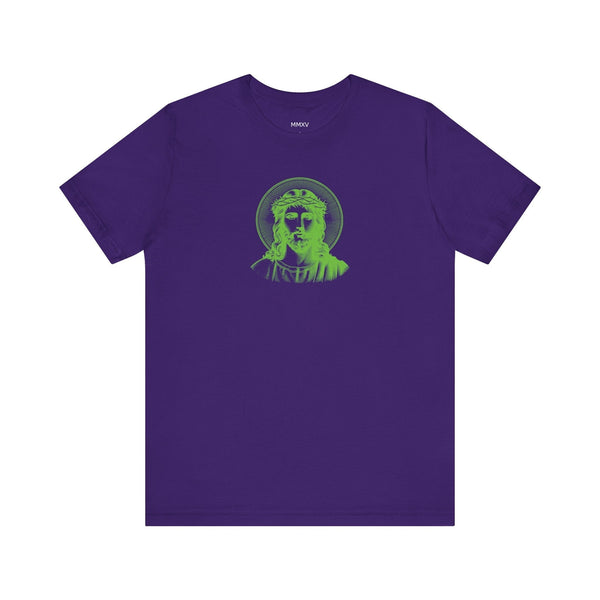 Green Mid-Scale Jesus with Halo Front Print Graphic Tee - Iconic by Sandra Oles