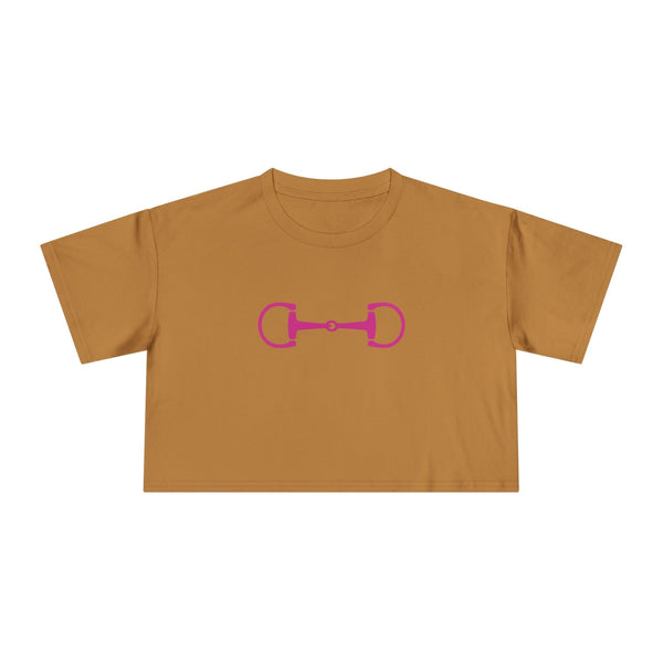 Brown cropped tee with bright pink horsebit graphic in modern equestrian style