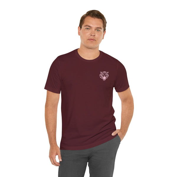 man wearing maroon retro tiger t shirt with pastel tiger graphic on chest unisex streetwear