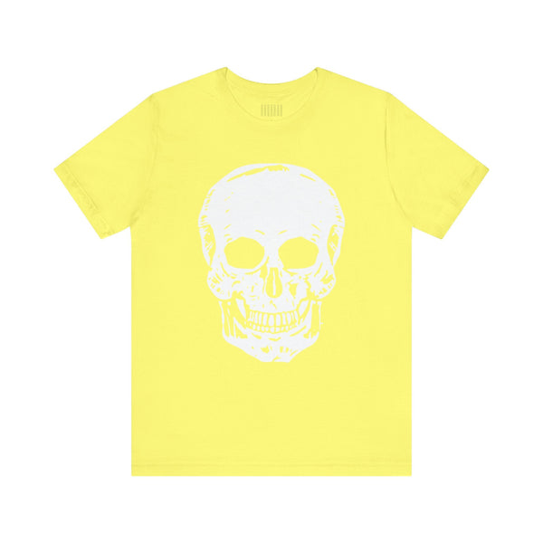 Yellow graphic tee with a large white skull print, classic fit, part of the Fugitive Collection by Sandra Oles.