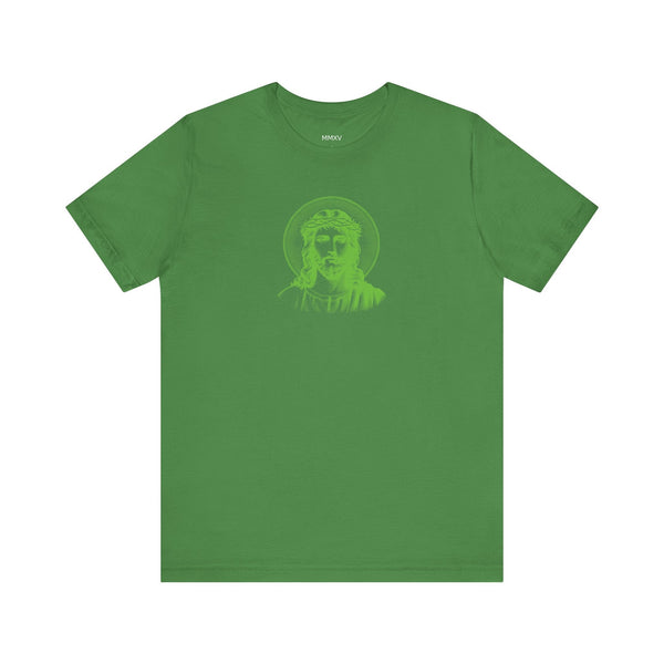 Green Mid-Scale Jesus with Halo Front Print Graphic Tee - Iconic by Sandra Oles