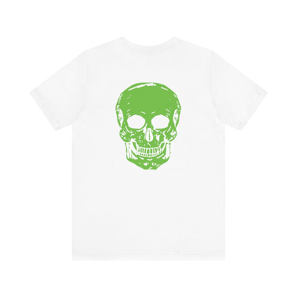 Green Jumbo Skull Back Print with Green Mini Skull Left Front Graphic Tee - Fugitive by Sandra Oles