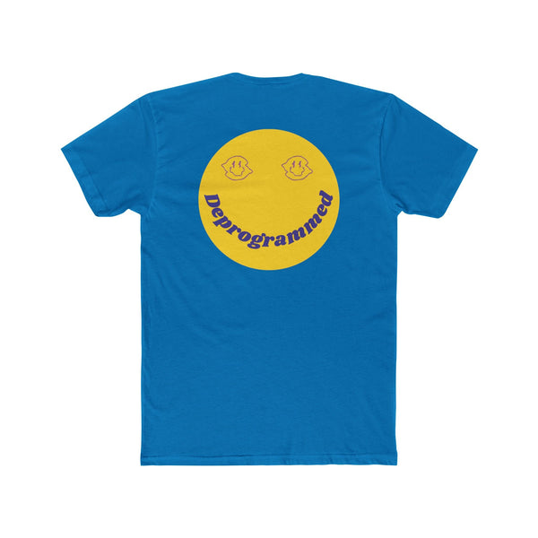 Blue graphic tee with yellow retro smiley face and "Deprogrammed" text on back, 1990's rave style