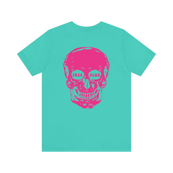 Aqua oversized statement streetwear tee featuring a jumbo pink skull back print with "FREE MIND" text in the eye sockets.