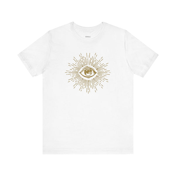 White unisex t-shirt with a gold third eye graphic surrounded by radiant rays symbolizing spiritual awareness
