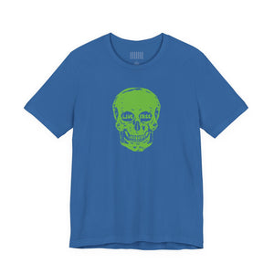 blue t-shirt with green skull print and "Live Free" text on front skull print t-shirt