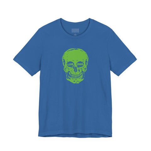 blue t-shirt with green skull print and "Live Free" text on front skull print t-shirt