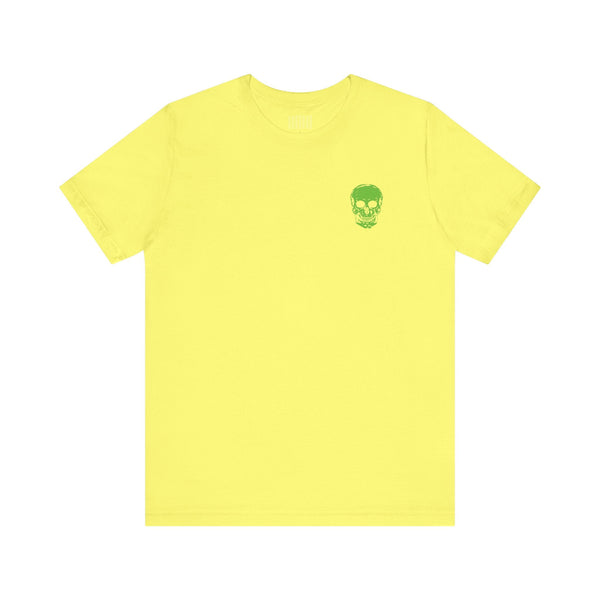 Yellow tee with green mini skull front graphic, music festival fashion style